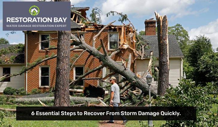 Exterior of a house with fallen trees causing storm damage.